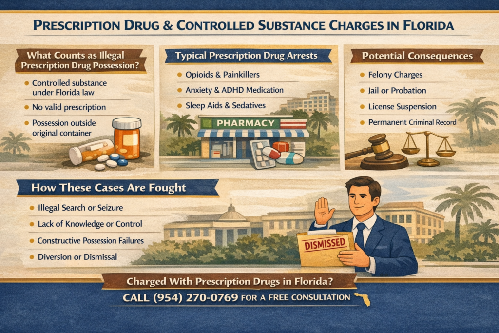 Prescription drug and controlled substance legal overview in Florida, featuring medication bottles, pharmacy illustration, potential consequences like felony charges and permanent criminal record, and legal defense strategies.