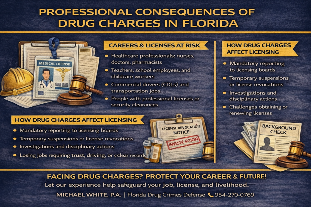 Horizontal infographic explaining the professional consequences of drug charges in Florida, including risks to employment, professional licenses, mandatory reporting to licensing boards, background checks, and possible suspension or revocation.