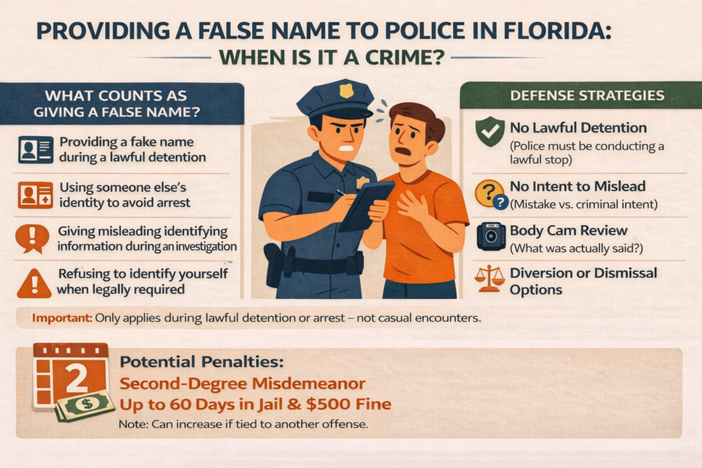 Infographic titled “Providing a False Name to Police in Florida: When Is It a Crime?” showing a police officer questioning a nervous man, with sections explaining what counts as giving a false name, defense strategies such as lack of lawful detention and no intent to mislead, and potential penalties of a second-degree misdemeanor punishable by up to 60 days in jail and a $500 fine.