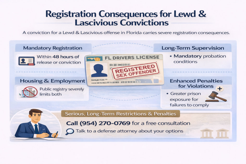 Infographic titled “Registration Consequences for Lewd & Lascivious Convictions in Florida” outlining mandatory sex-offender registration, reporting requirements, residency restrictions, employment limitations, internet monitoring, and long-term legal consequences under Florida law.