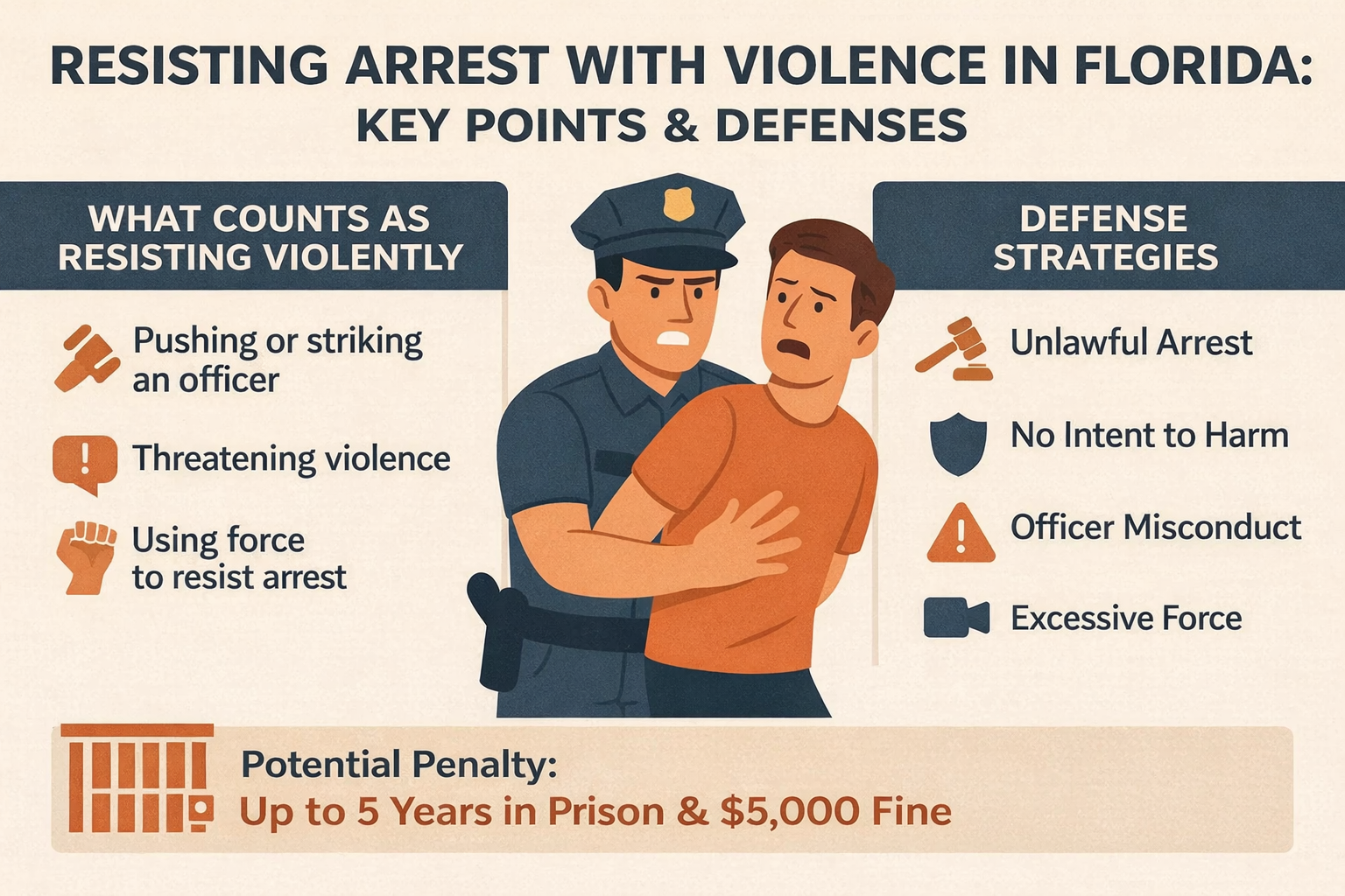 Horizontal infographic titled “Resisting Arrest With Violence in Florida: Key Points & Defenses,” showing an illustration of a police officer restraining a man. The graphic lists examples of conduct that may be charged as resisting with violence, such as pushing or striking an officer, threatening violence, and using force, alongside common defense strategies including unlawful arrest, lack of intent, officer misconduct, and excessive force, with a note on potential penalties of up to five years in prison and a $5,000 fine.