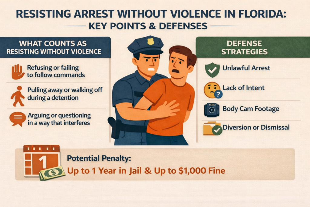 Infographic titled "Resisting Arrest Without Violence in Florida" illustrating key points and defense strategies, including potential penalties and examples of behaviors leading to the charge.