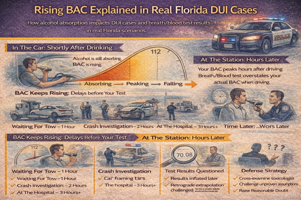 Infographic explaining rising BAC in Florida DUI cases, showing absorption, peak, and elimination phases, common testing delays after driving, and how breath or blood results may overstate BAC at the time of driving.