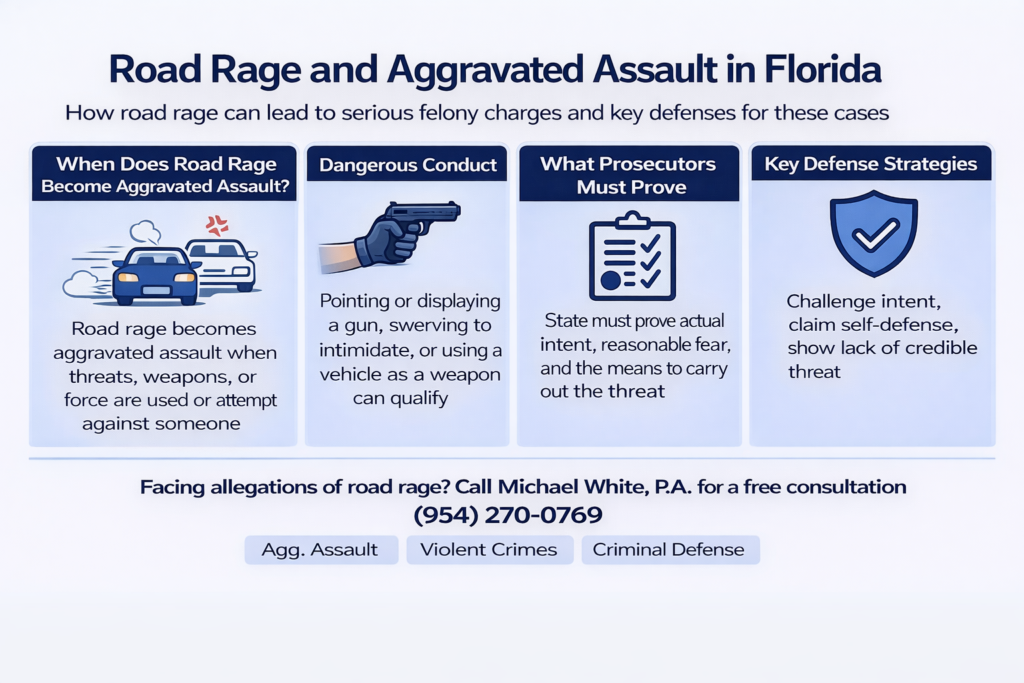Horizontal infographic titled “Road Rage and Aggravated Assault in Florida” explaining when road rage becomes aggravated assault, dangerous conduct like displaying a gun or using a vehicle as a weapon, what prosecutors must prove, and key defense strategies.