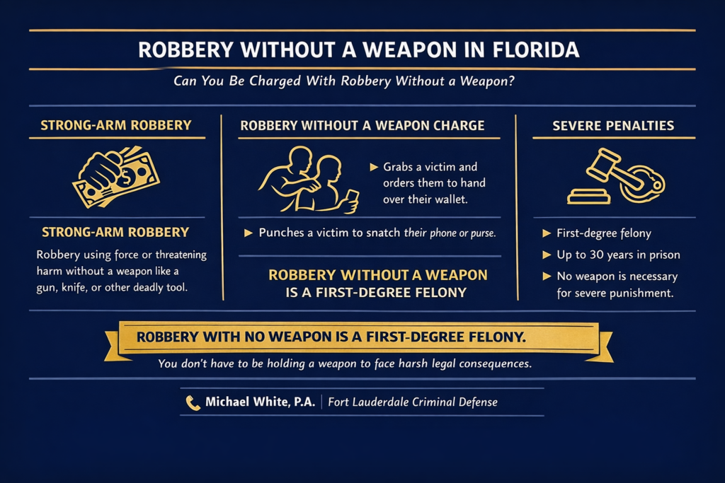 Horizontal dark blue and gold legal infographic titled “Robbery Without a Weapon in Florida” with the subtitle “Can You Be Charged With Robbery Without a Weapon?” The graphic explains strong-arm robbery, provides examples such as grabbing a victim or punching someone to take property, and highlights that robbery without a weapon is a first-degree felony punishable by up to 30 years in prison. A gold banner at the bottom states that robbery with no weapon is still a first-degree felony, followed by Michael White, P.A., Fort Lauderdale Criminal Defense.