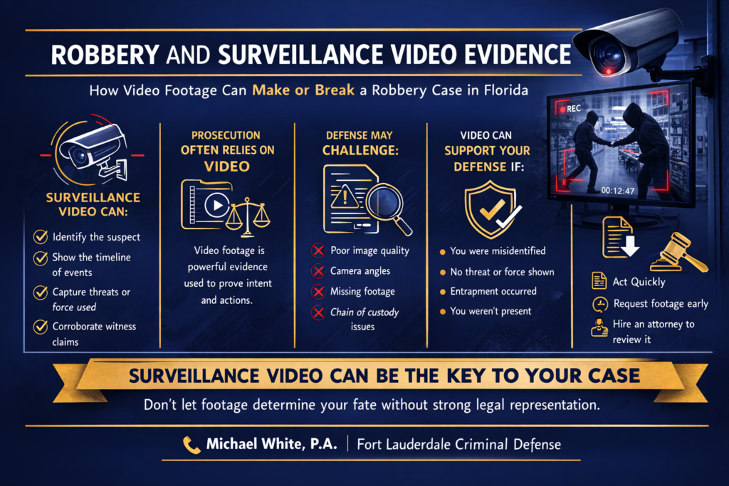 Horizontal dark blue and gold legal infographic titled “Robbery and Surveillance Video Evidence” with the subtitle “How Video Footage Can Make or Break a Robbery Case in Florida.” The graphic explains how surveillance video can identify suspects, show timelines, and capture threats or force. It highlights that prosecutors rely on video, while the defense may challenge poor quality, camera angles, missing footage, or chain of custody issues. It also lists ways video can support a defense, such as misidentification or lack of force. A gold banner at the bottom states that surveillance video can be the key to a robbery case, followed by Michael White, P.A., Fort Lauderdale Criminal Defense.