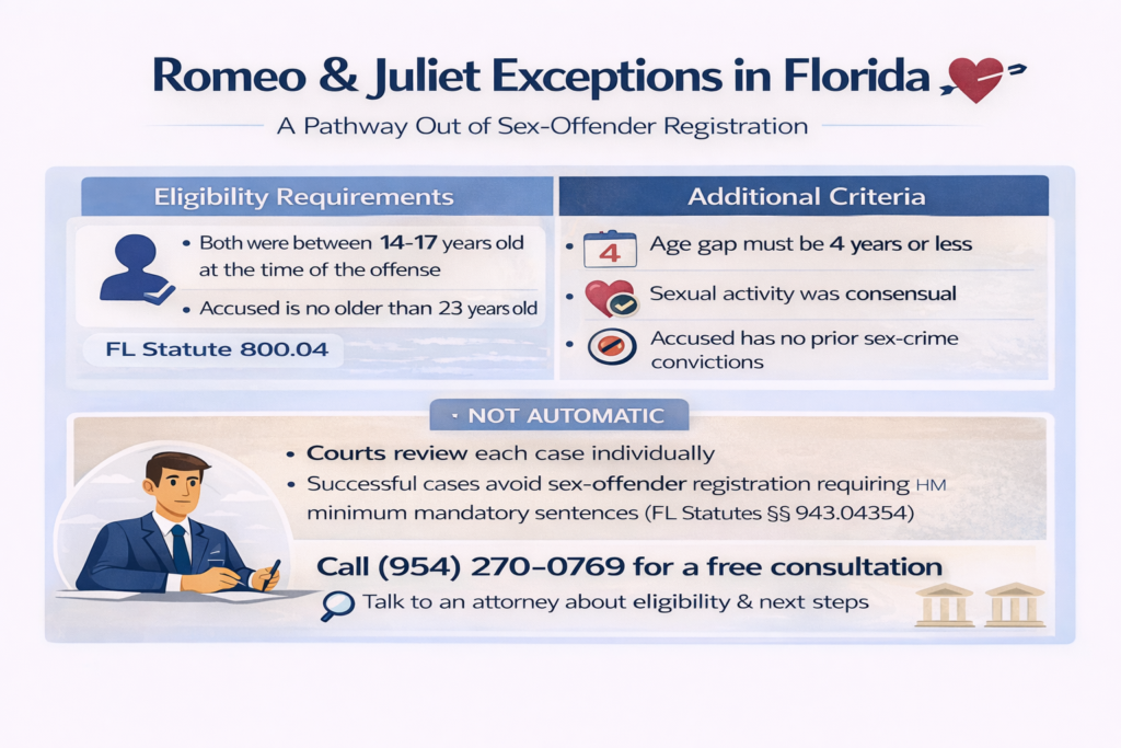Infographic titled “Romeo & Juliet Exceptions in Florida” explaining eligibility requirements to avoid sex-offender registration, including age gap of four years or less, both parties ages 14–17 at the time of the offense, no prior sex offense convictions, and court discretion under Florida law.