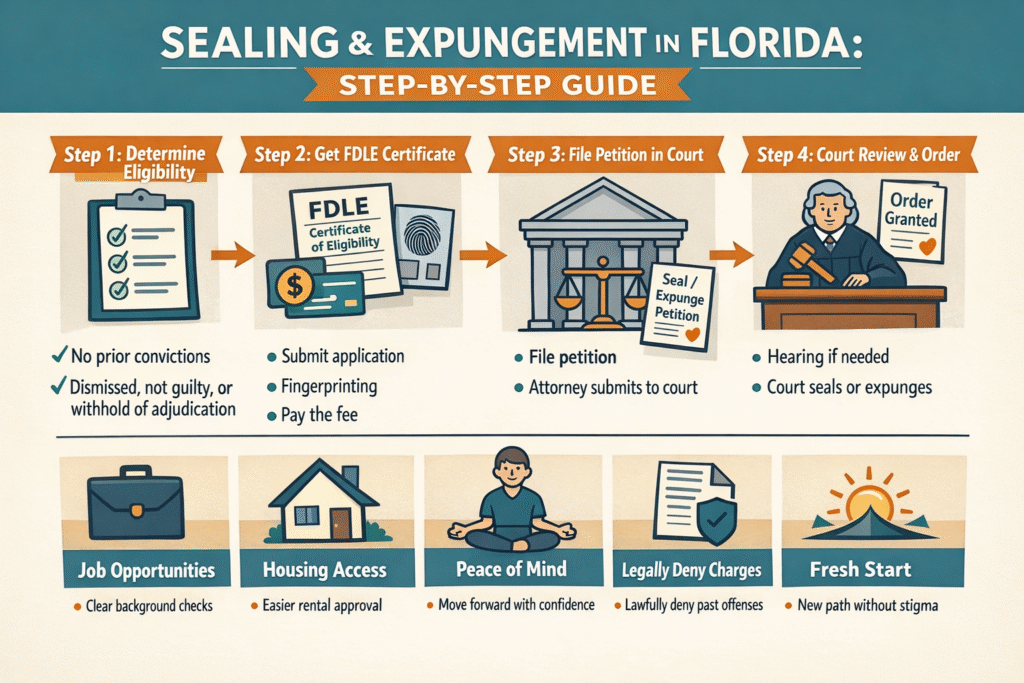 Sealing and expungement step-by-step guide infographic for Florida, illustrating eligibility determination, FDLE certificate acquisition, court petition filing, and court order review, highlighting benefits like job opportunities and housing access.