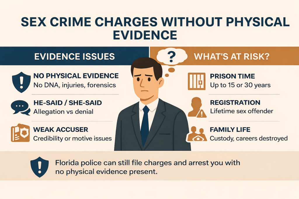 Horizontal infographic titled “Sex Crime Charges Without Physical Evidence” with two sections labeled “Evidence Issues” and “What’s at Risk?” The left side lists no DNA, no injuries, and he-said/she-said allegations, while the right side highlights prison time up to 15 or 30 years, lifetime sex offender registration, and family consequences. A concerned man appears centered between the sections, emphasizing the seriousness of facing charges without physical proof in Florida.