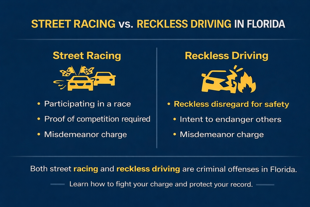 Infographic titled “Street Racing vs. Reckless Driving in Florida” comparing the two offenses side by side, showing street racing as participating in a speed competition requiring proof of competition and charged as a misdemeanor, and reckless driving as reckless disregard for safety with intent to endanger others, also a misdemeanor, displayed in bold yellow text and icons on a dark blue background.