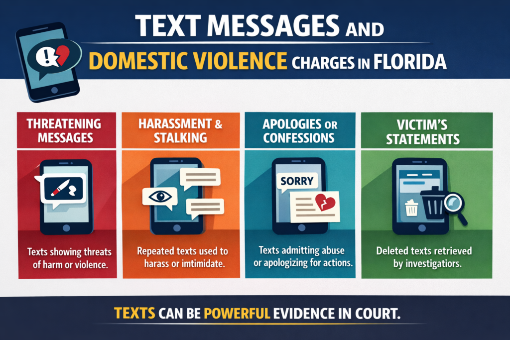 Horizontal infographic explaining how text messages can impact domestic violence charges in Florida, including threatening messages, harassment or stalking texts, apologies or confessions, victim statements, and deleted texts recovered by investigators as evidence.