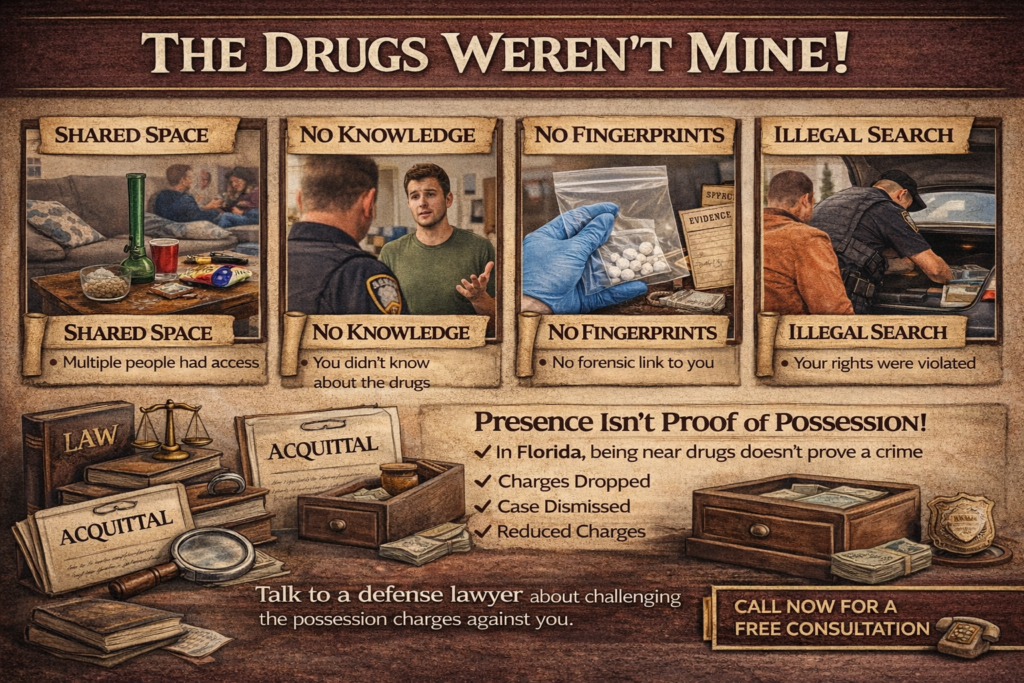 Horizontally oriented infographic titled “The Drugs Weren’t Mine!” illustrating common defenses to constructive possession charges in Florida, including shared spaces, lack of knowledge, no forensic evidence, and illegal searches, with a reminder that mere presence near drugs is not proof of possession.