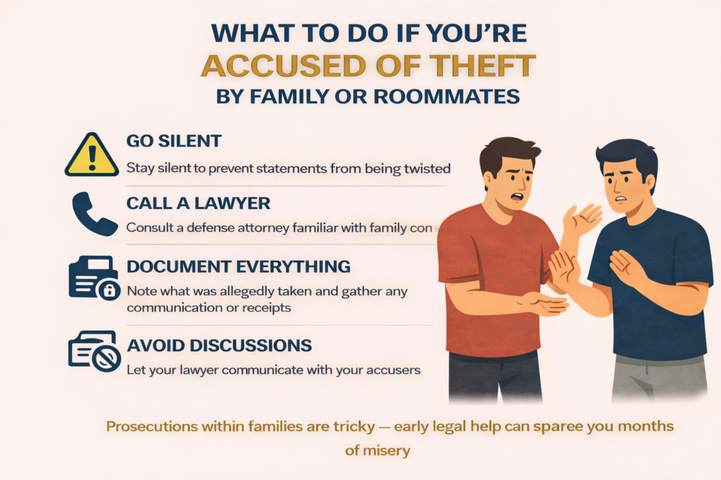 Infographic showing steps to handle theft accusations between family members or roommates in Florida.