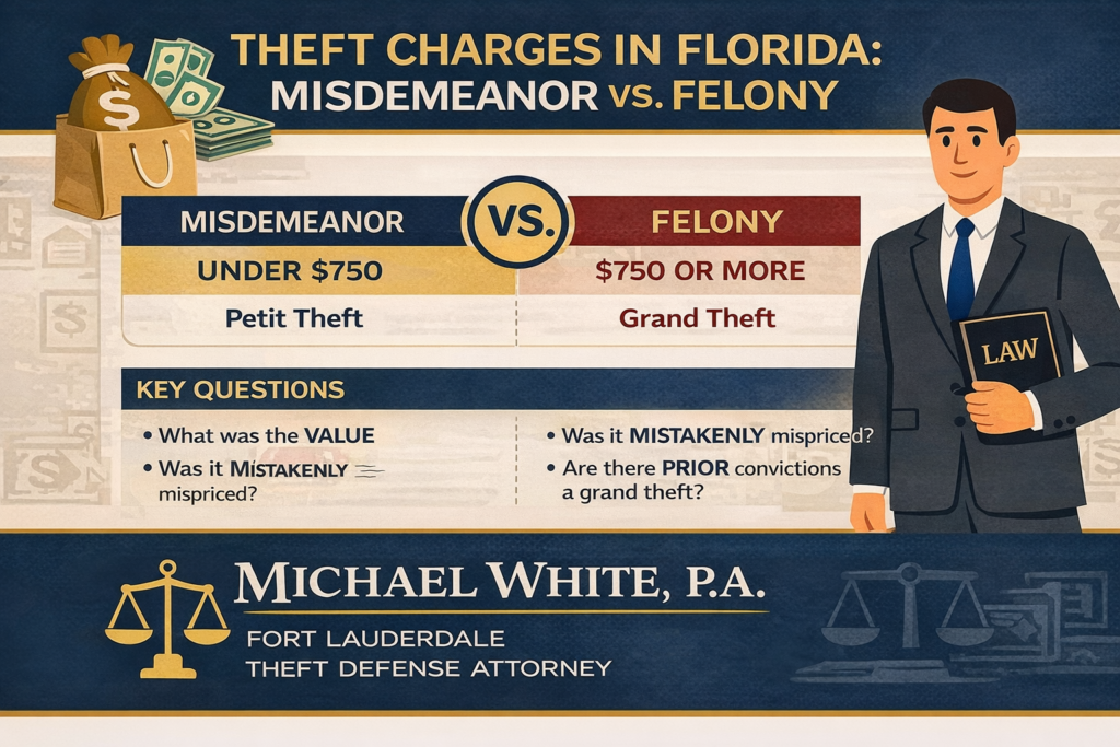 Featured image showing the difference between misdemeanor and felony theft charges in Florida.