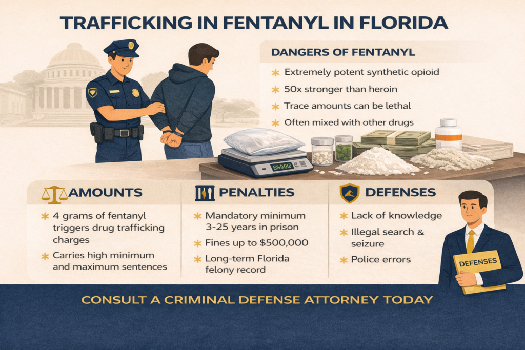 Horizontal infographic titled “Trafficking in Fentanyl in Florida” showing an arrest scene, fentanyl powder and pills on a scale, cash, and sections outlining trafficking amounts, mandatory minimum prison penalties, fines up to $500,000, and common defenses such as lack of knowledge and illegal search and seizure.