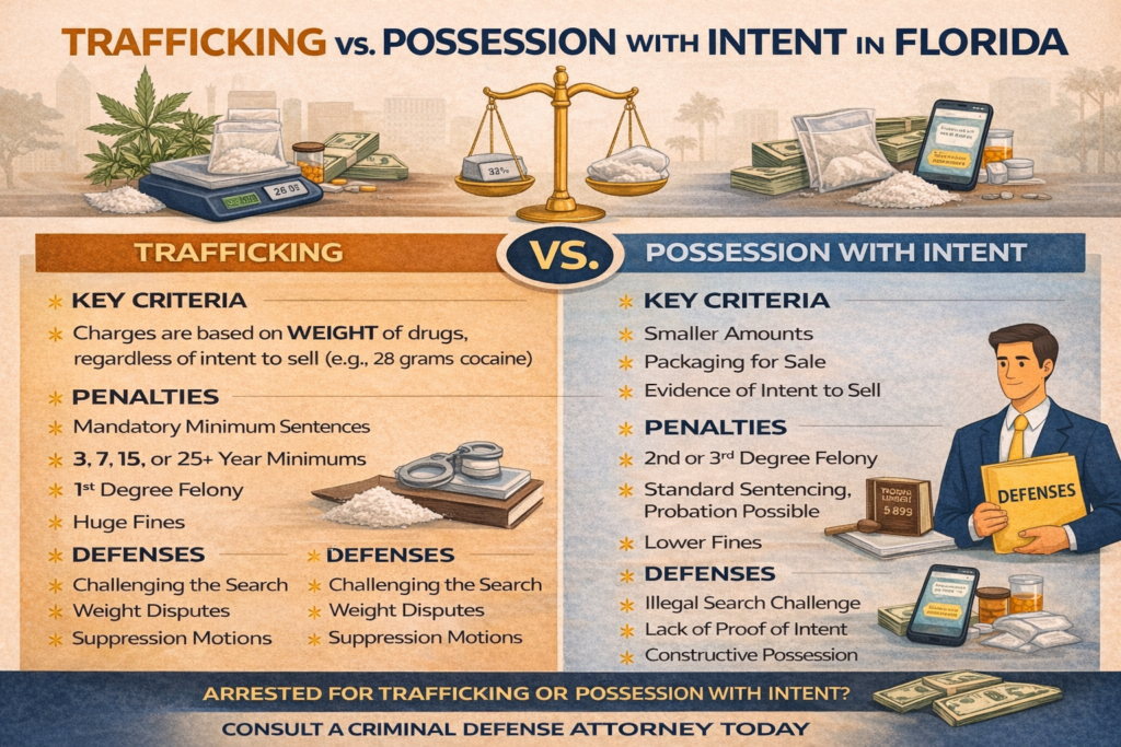 Horizontal comic-style infographic titled “Trafficking vs. Possession With Intent in Florida” comparing weight-based trafficking charges with possession with intent cases, outlining key criteria, mandatory minimum penalties, standard felony sentencing differences, and common defenses such as illegal search and lack of proof of intent.