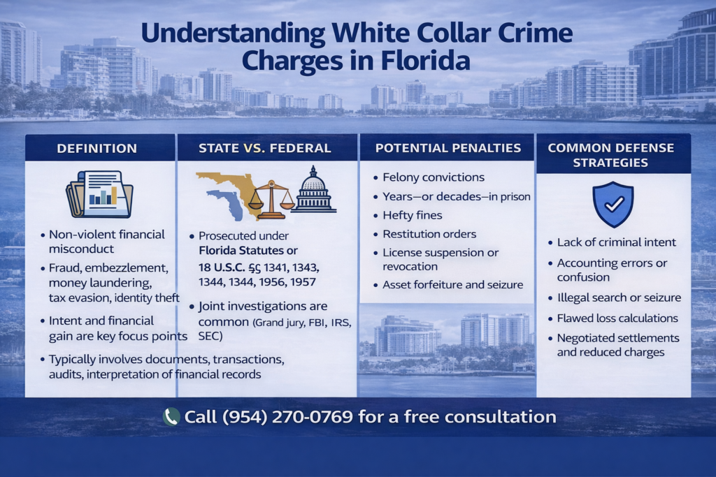 Horizontal infographic titled &ldquo;Understanding White Collar Crime Charges in Florida&rdquo; outlining definitions of non-violent financial crimes, state vs. federal prosecution differences, potential penalties including prison, fines, restitution, license suspension, and asset forfeiture, and common defense strategies such as lack of intent and illegal search and seizure, with consultation phone number (954) 270-0769.