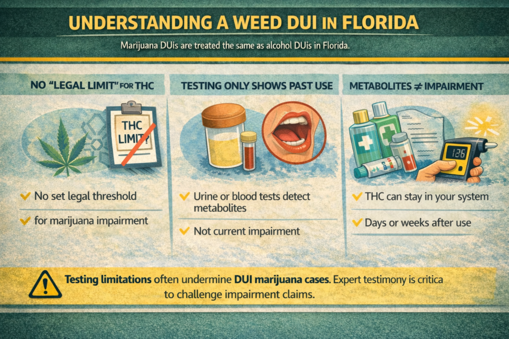 Understanding a Weed DUI in Florida infographic highlighting THC limits, testing methods, and impairment misconceptions, emphasizing legal implications for marijuana DUIs.