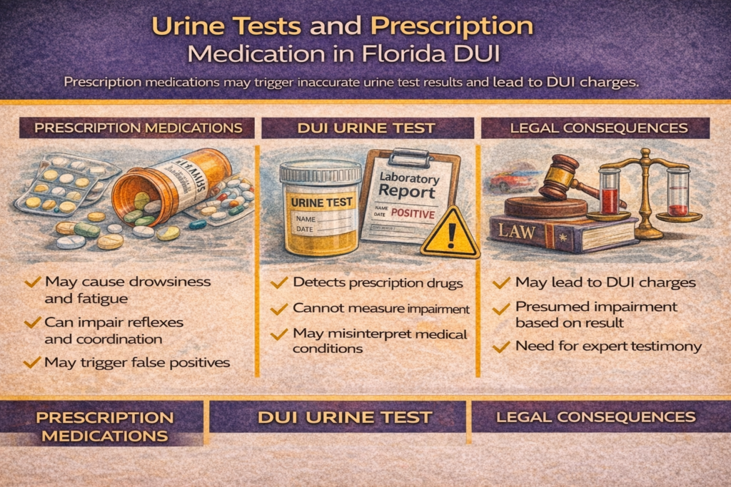 Horizontal infographic explaining urine tests and prescription medication in Florida DUI cases, showing how urine testing detects drug metabolites rather than real-time impairment, how prescription medications may trigger positive results, and the legal consequences and defense considerations in court.