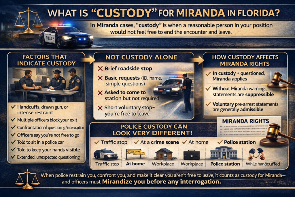 “Horizontal infographic explaining what counts as custody for Miranda in Florida, including indicators of restraint, non-custodial encounters, and when Miranda warnings must be given.”