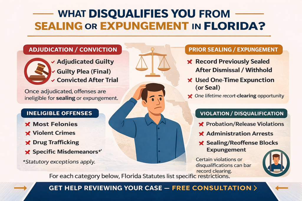 Infographic titled “What Disqualifies You From Sealing or Expungement in Florida?” outlining key disqualifiers such as adjudication or conviction, prior sealing or expungement, statutorily ineligible offenses (including certain felonies and violent crimes), and other record-clearing limitations, with a call to schedule a free consultation for eligibility review.