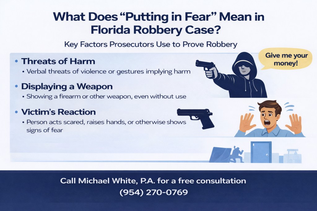 Infographic titled “What Does ‘Putting in Fear’ Mean in a Florida Robbery Case?” explaining that prosecutors may prove robbery through threats of harm, displaying a weapon, or a victim’s fearful reaction, with illustrations of a person holding a gun and a frightened individual raising their hands.
