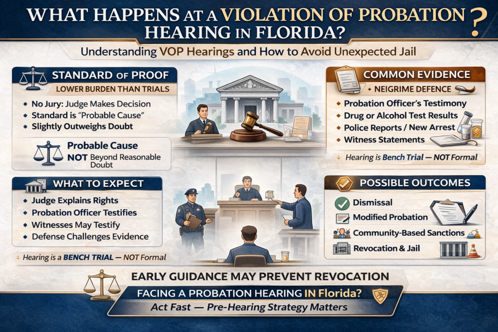Infographic summarizing what happens at a Florida probation violation hearing and the possible outcomes.