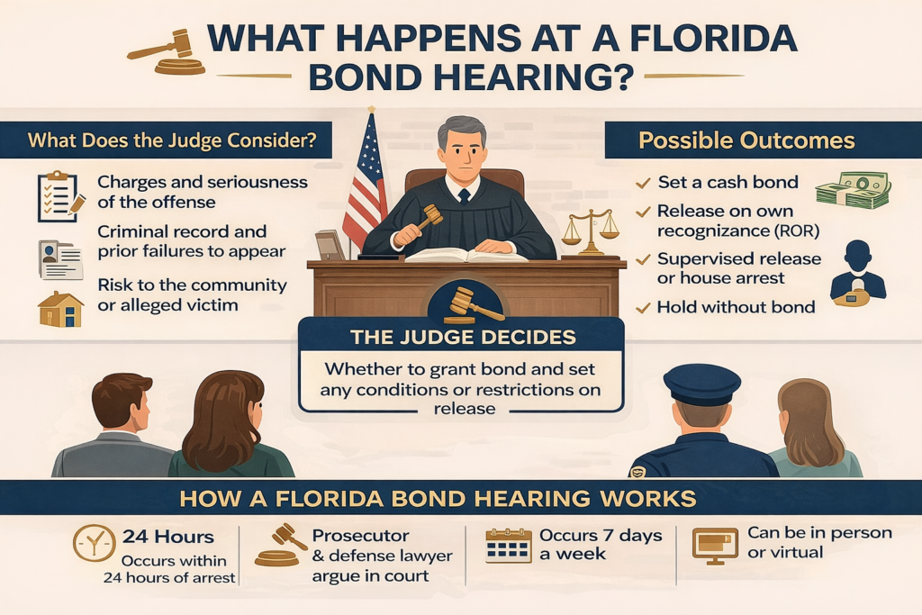 Horizontal infographic titled “What Happens at a Florida Bond Hearing?” explaining what a judge considers, possible bond outcomes, and how the bond hearing process works within 24 hours of arrest, including arguments by prosecutors and defense attorneys.