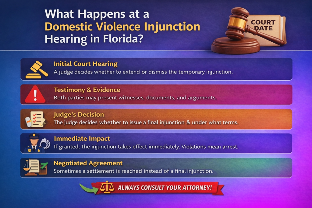 Horizontal infographic explaining what happens at a domestic violence injunction hearing in Florida, outlining the stages of testimony, cross-examination, legal arguments, the judge’s decision, and final injunction terms, with a warning that violating an injunction can lead to arrest.