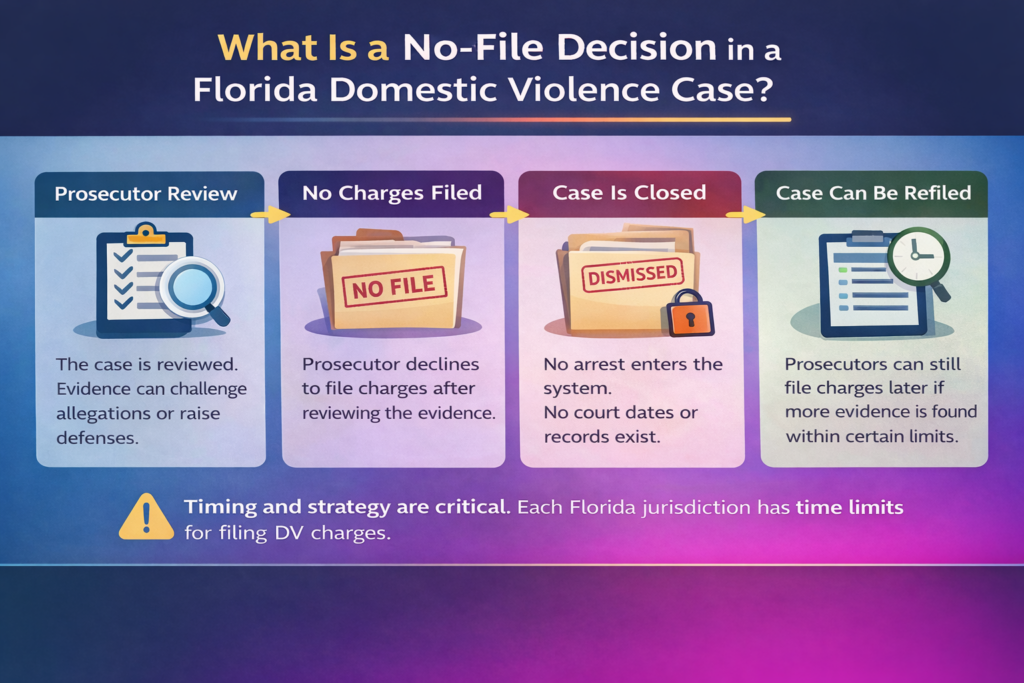 Horizontal infographic explaining a no-file decision in a Florida domestic violence case, including prosecutor review and closure without formal charges.