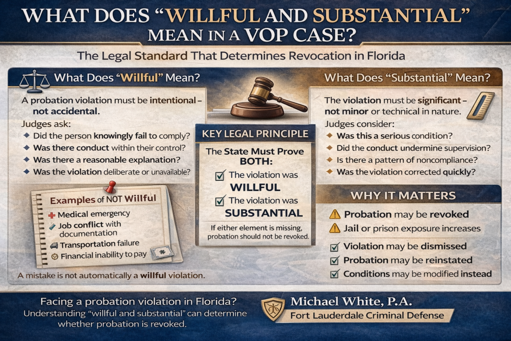 Infographic defining “willful and substantial” in a Florida probation violation case and how it affects revocation decisions.