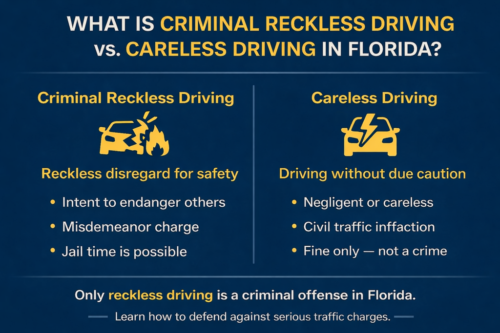 Infographic titled “What Is Criminal Reckless Driving vs. Careless Driving in Florida?” comparing the two offenses side by side, showing reckless driving as a criminal charge involving reckless disregard for safety with possible jail time, and careless driving as a civil traffic infraction based on negligence with fines only, displayed in gold text and icons on a dark blue background.