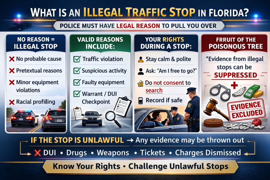 “Horizontal infographic explaining Florida law on illegal traffic stops, valid and invalid reasons for a stop, driver rights, and suppression of evidence obtained from unlawful stops.”