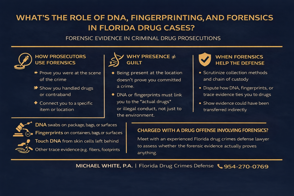 Infographic illustrating the role of DNA, fingerprinting, and forensic evidence in Florida drug cases, highlighting how prosecutors use forensics, the distinction between presence and guilt, and how forensics can aid the defense, with contact information for Michael White, P.A.