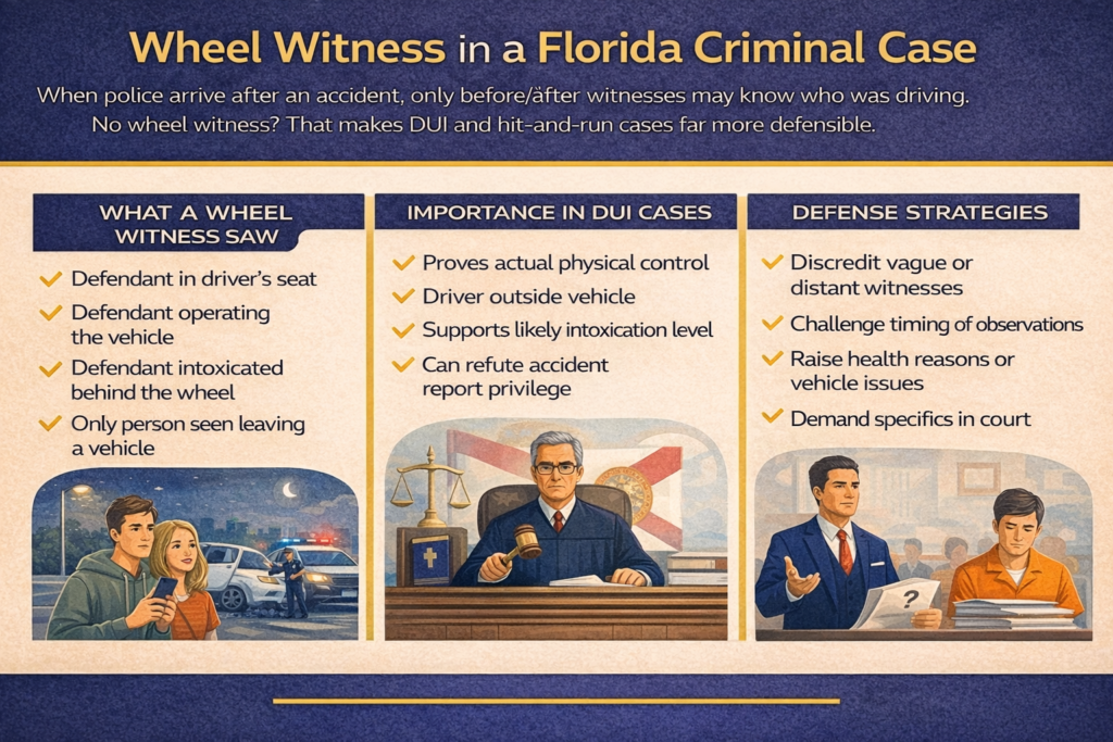 Infographic explaining the role of a wheel witness in Florida criminal cases, showing what a wheel witness observes, why wheel witness testimony matters in DUI and hit-and-run cases, and common defense strategies when no one directly saw who was driving.
