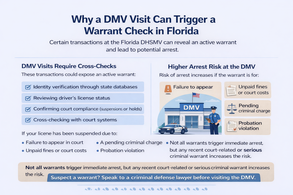 Horizontal infographic titled “Why a DMV Visit Can Trigger a Warrant Check in Florida,” explaining how DMV transactions like license reinstatement or identity verification can expose active warrants and increase the risk of arrest.