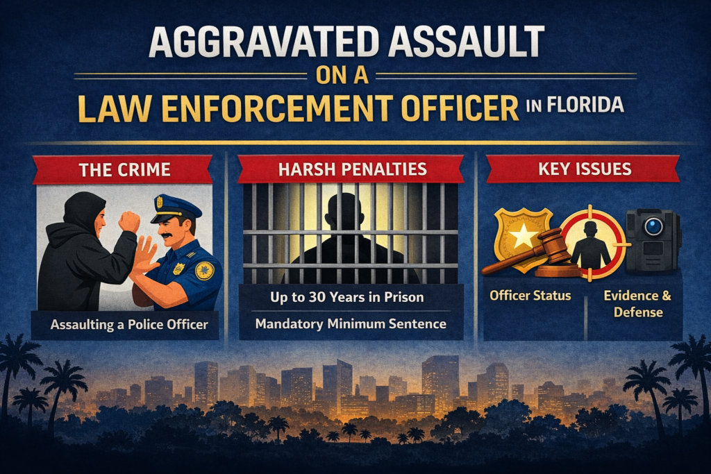 Infographic about aggravated assault on a police officer in Florida, including penalties, mandatory minimum sentences, and key defense issues