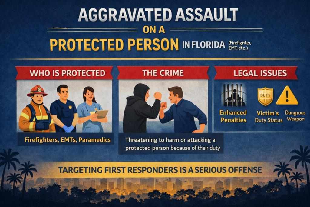Infographic about aggravated assault on first responders in Florida, including firefighters and EMTs, enhanced penalties, and legal elements of the offense