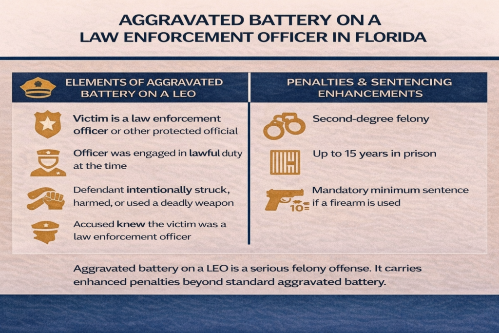 Infographic titled “Aggravated Battery on a Law Enforcement Officer in Florida” showing elements of the charge (law enforcement victim, lawful duty, intentional act, knowledge of officer status) and penalties including second-degree felony, up to 15 years in prison, and firearm-related mandatory minimums.