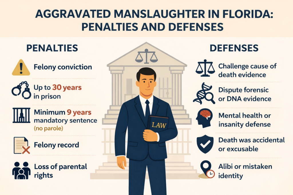 Infographic explaining aggravated manslaughter charges in Florida, outlining penalties such as up to 30 years in prison and mandatory minimum sentences, along with possible defenses including challenging cause of death evidence, disputing forensic reports, accidental death, and mistaken identity.