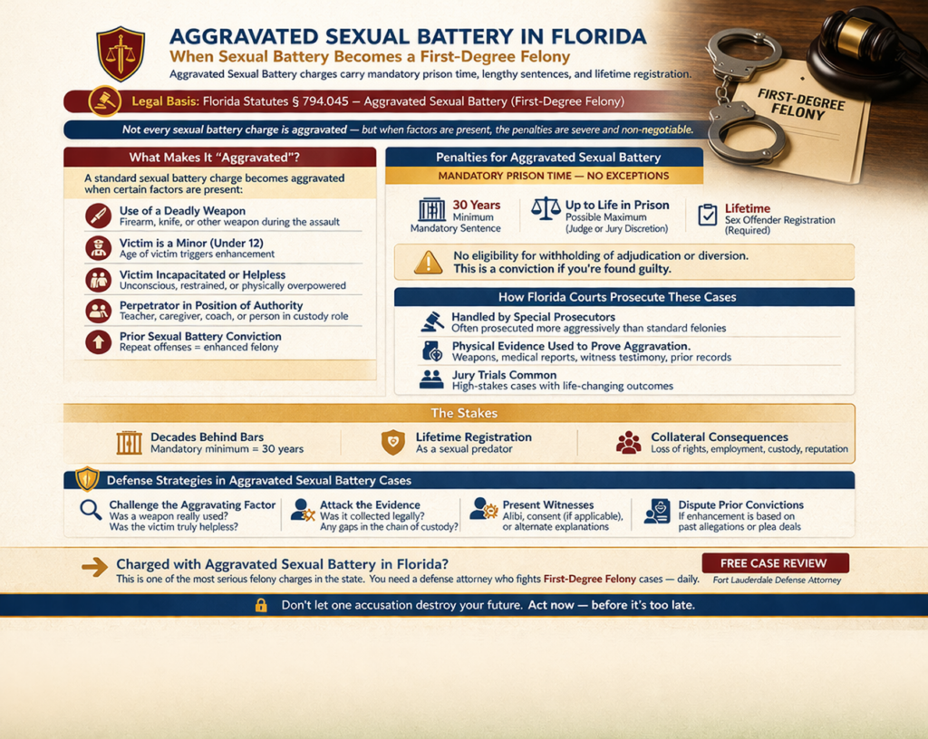 Horizontal infographic explaining aggravated sexual battery in Florida, including what factors elevate a case to aggravated status, mandatory prison penalties, lifetime sex offender registration, and defense strategies used to challenge aggravating elements and evidence.