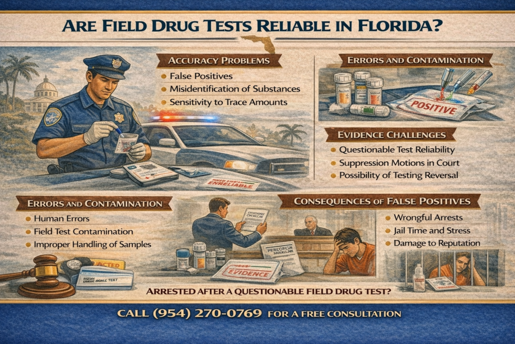Infographic titled “Are Field Drug Tests Reliable in Florida?” showing police officers conducting roadside drug testing and highlighting common reliability concerns. The graphic explains issues such as false positives, limitations of presumptive field tests, and the importance of laboratory confirmation before substances are legally identified as controlled drugs.