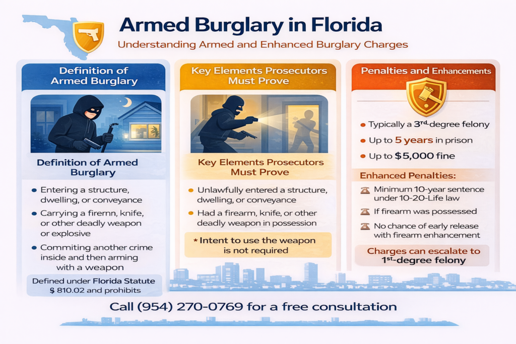 Infographic explaining armed burglary in Florida, including the legal definition, elements prosecutors must prove, and enhanced felony penalties under Florida law, including firearm enhancements and potential prison sentences.