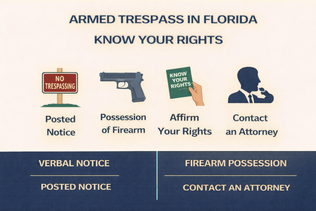 Infographic titled “Armed Trespass in Florida – Know Your Rights” featuring a no trespassing sign and handgun icon with guidance icons: posted notice, possession of a firearm, affirm your rights, and contact an attorney, with a bottom banner highlighting verbal notice, firearm possession, posted notice, and contacting an attorney.