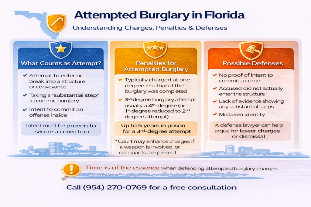 Infographic explaining attempted burglary in Florida, including what qualifies as an attempt, the legal elements required for conviction, potential reduced felony penalties, and common defense strategies.