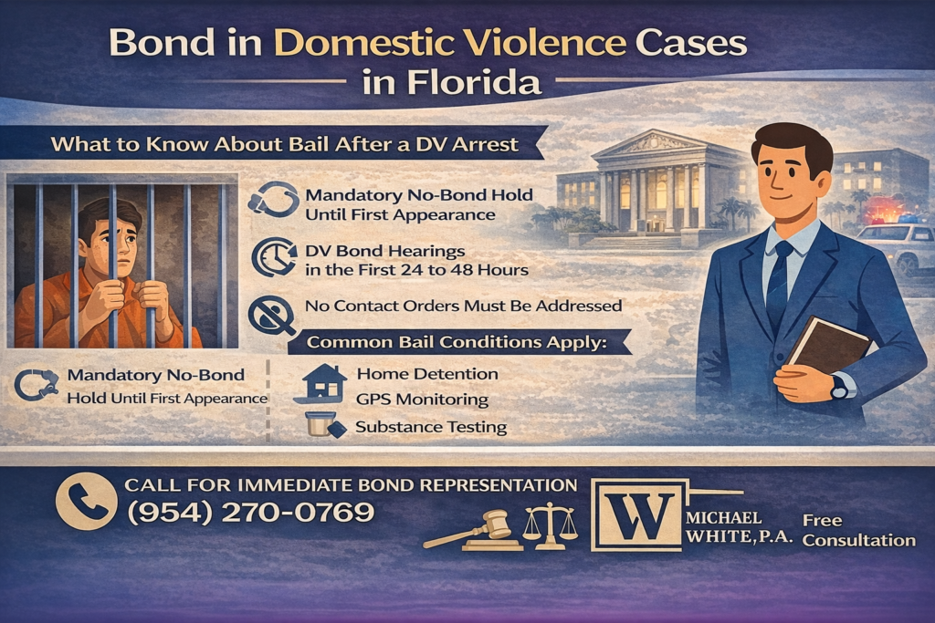 Infographic explaining bond procedures after a domestic violence arrest in Florida, including no-bond holds, bond hearings, and common bail conditions.