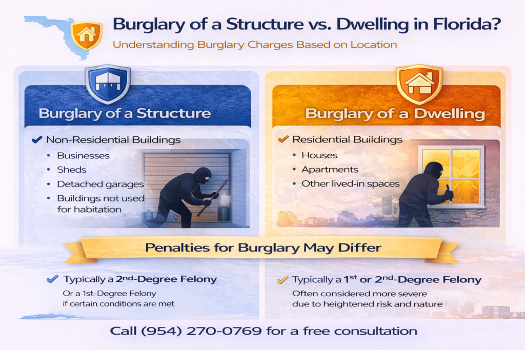 Infographic comparing burglary of a structure versus burglary of a dwelling in Florida, explaining the differences between non-residential and residential buildings and how those distinctions affect felony charges and potential penalties under Florida law.