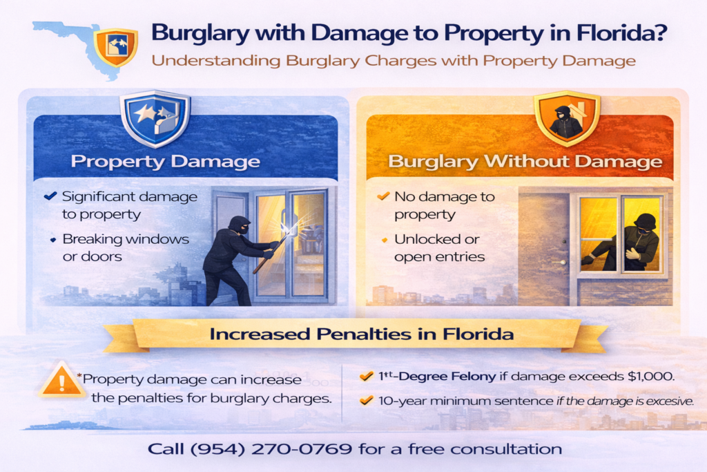 Infographic explaining burglary with property damage in Florida, comparing cases involving damage versus no damage and outlining how property damage can increase felony charges and potential penalties under Florida law.
