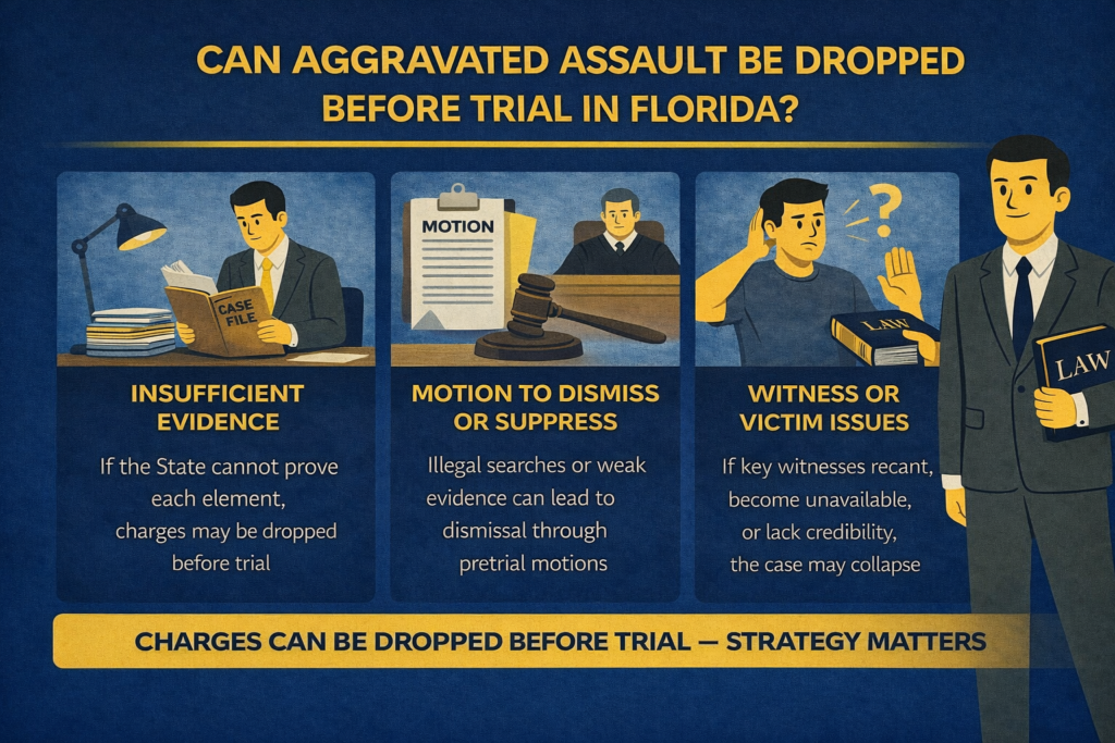 Infographic about dismissal of aggravated assault charges in Florida, including motions to suppress, lack of evidence, and witness credibility problems