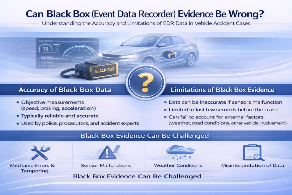 Infographic titled “Can Black Box (Event Data Recorder) Evidence Be Wrong?” explaining how vehicle EDR data measures speed, braking, and acceleration, outlining reliability concerns, sensor malfunctions, weather factors, and how black box evidence can be challenged in Florida crash cases.